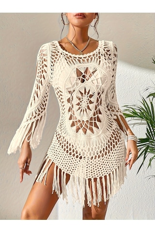 Şık Uzun Kollu Bohem Saçaklı Dekolteli Plaj Elbisesi Siyah