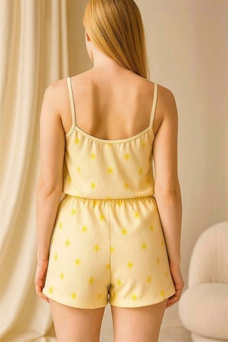 Lisinya Closet Sarı Üstüne Desenli Askılı Şortlu Pijama Takımı Sarı