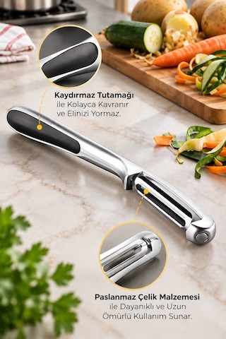 Sebze & Meyve Soyacağı Paslanmaz Çelik Ergonomik Kaydırmaz Saplı Profesyonel Soyacak Gümüş