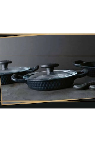 Leony 6 Parça Cam Kapaklı Sahan Tava Seti 18 CM-20 CM-22 CM Siyah Döküm