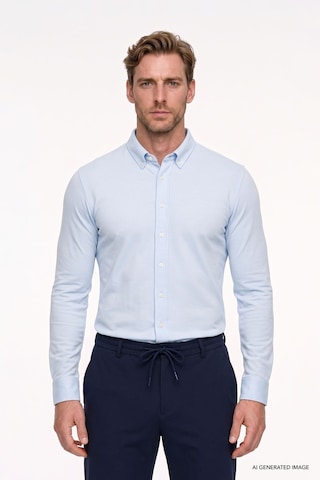 AC&Co / Altınyıldız Classics Erkek Acık Mavı Pamuklu Tailored Slim Fit Dar Kesim Düğmeli Yaka Örme Gömlek