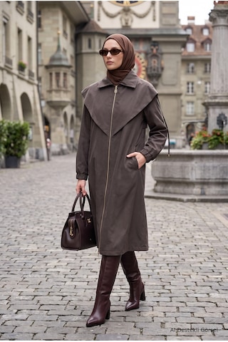 Armine Trend Pelerin Yaka Cep Detaylı Fermuarlı Uzun Boy Kap 122 Cm Boy Haki 26kt704
