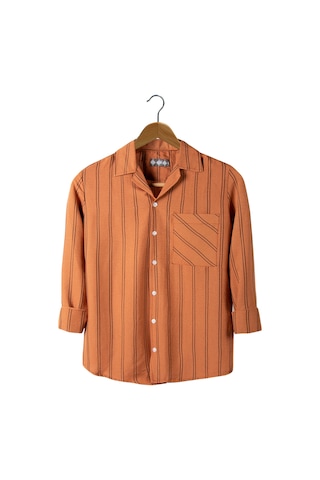 Erkek Kiremit Uzun Kollu Cepli Pamuk Slim Fit Çizgili Yazlık Gömlek Kiremit