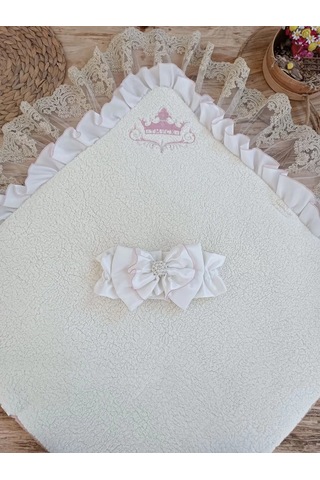 Yenidoğan Wool Yün Kumaş Taç Nakışlı Güpür Duvaklı Fiyonk Prizma Taş Unisex Kundak Bebek Battaniyesi Pembe Çok Renkli