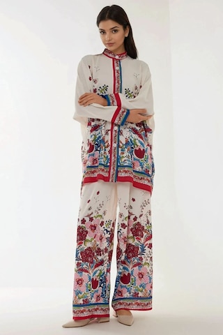 Hiccup Baskıllı Yüksek Bel Kimono Ve Pantolon İkili Modest Takım Beyaz