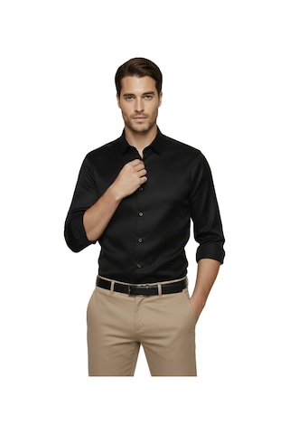 Deepsea Siyah Slim Fit Erkek Gömlek Kolay Ütülenen Nefes Alan Kumaş, Dört Mevsim Şıklık 2608515 Siyah