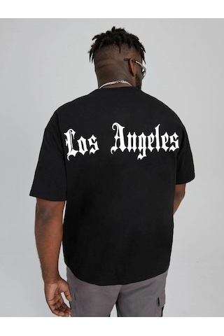 Erkek Siyah Oversiz Los Angeles Baskılı Örme T-shirt Siyah