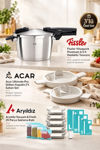 Fissler Vitaquick Premium 4,5 Lt Düdüklü Tencere + Acar 2’li Sahan Seti + Aryıldız 25 Parça Saklama Kabı Seti