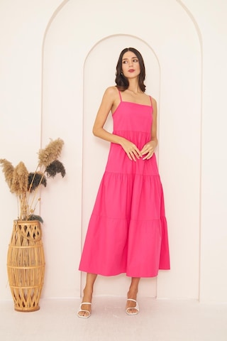 Fuşya İnce Askılı Katlı Elbise Dm1034 Fuşya