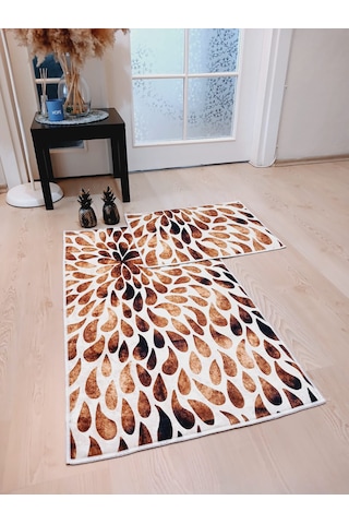 Leopar Kahve, Kaymaz Taban 2'li Klozet Takımı Banyo Halısı Kahve