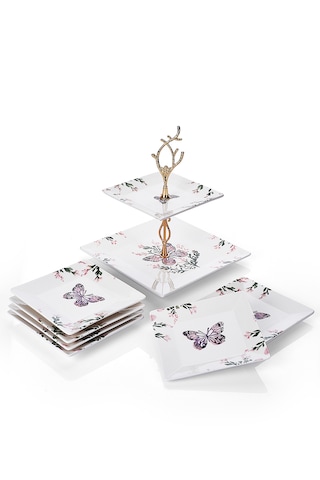 Piatti Naturali İkram Seti Kelebek Çift Katlı Sunum Tabağı & 6 Lı Tatlı Tabağı