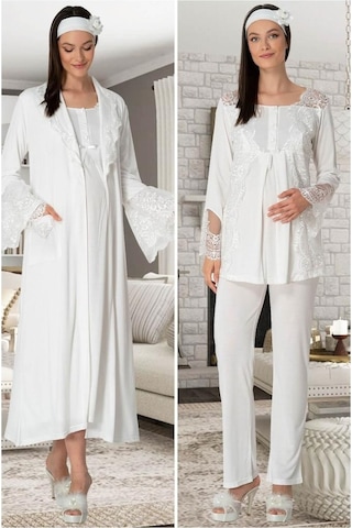 Mecit Pijama Mecit 5355 Bayan Hamile Lohusa Ekru Sabahlık Gecelik Pijama Takım 001