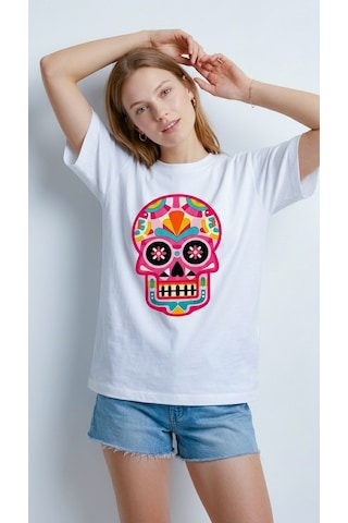 Hoxie Kadın Beyaz Renkli Meksika Kurukafası Calavera Baskılı Bisiklet Yaka Oversize Tişört
