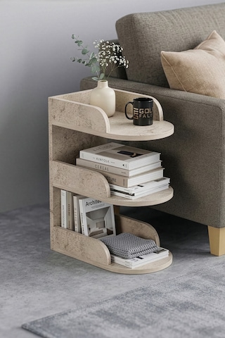 Yan Sehpa Modern 3 Katlı Kitaplıklı Çok Amaçlı Dekoratif Sehpa Minimal Tasarım 6103 Traverten Çok Renkli