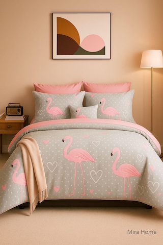 Çift Kişilik Pamuklu Nevresim Takımı Flamingo Love Pembe - Gri
