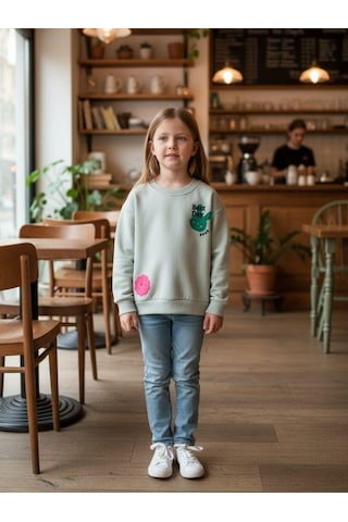 Kız Çocuk Pamuklu Tavşan Desenli İnce Uzun Kollu Sweatshirt-16335 Yeşil