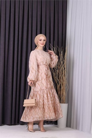 Neşeli Butik Kadın Şifon Eteği Fırfırlı Desenli Tesettür Elbise Sms008 Bej