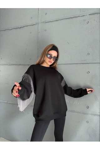 Püsküllü Uzun Kollu Sweat Siyah