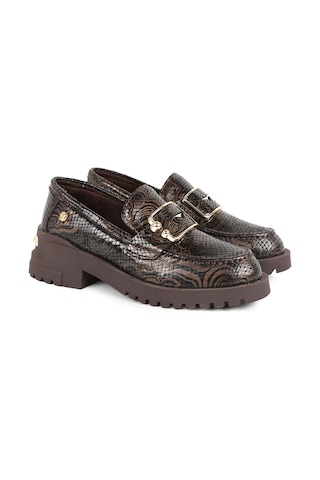 Mamma Mia Mammamia Kadın Loafer 26k-3215 Kahverengi Hakiki Deri Yılan/etnik Desen Baskılı Gold Metal Tokalı Kalın Dişli Taban Rahat Günlük Ayakkabı Kahve