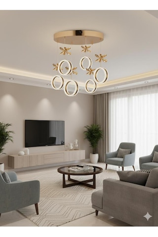 Zero Model 6"lı Kristal Taşlı Gold 3 Renk Modu Ledli Salon Mutfak Oturma Odası Sarkıt Led Avize Metalik