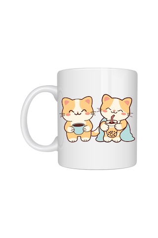 Sevimli Kedi Tasarımlı Porselen Kupa Model 194 İkili Cute Cat Baskılı Kahve Kupası Kedi Severlere Hediyeli Diğer
