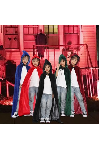 Hangfox Çocuklar İçin L 110cm Bordo Yumuşak Kadife Şapkalı Palto - Halloween Kostümü, Cosplay Partisi, Rol Oynama Aleti Unisex