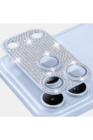 Apple iPhone 18 Pro Max Uyumlu Full Taşlı Ar Ve Af Özellikli Kamera Camı / Lensi Koruyucu Camı - Buzul Rengi