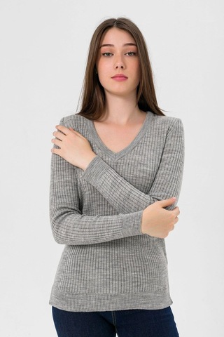 Miss Poem Kadın V Yaka Slim Fit Fitilli Uzun Kışlık Ekru Triko Kazak Gri