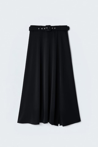 Sateen Kemerli Yırtmaç Detaylı Kloş Etek - Siyah-137415