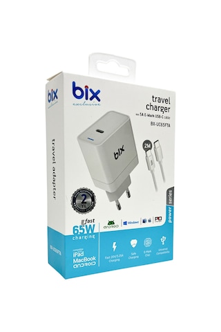 Bix BX-UC65FTA Apple Uyumlu MacBook , iPad ve Laptop 65W Type-C Şarj Ada