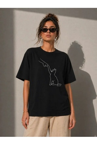 Valensdesign Minimal Kedi Çizim Baskılı Tişört Kısa Kol Yazlık T-shirt - Siyah
