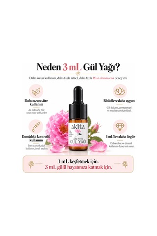 Akita Yüksek Frekans Doğal Gül Yağı Damlalıklı 3 ML