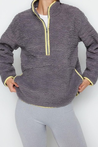 Ersefa Tarz Regular Dik Yaka Düşük Kol Regular Peluş Örme Spor Sweatshir Gri