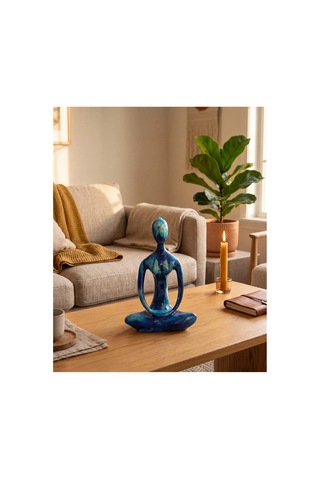 Dekoratif Yogacı Heykeli Mavi 23x14 Cm Meditasyon Yoga Figürü, Modern Biblo Ve Masaüstü Dekor Objesi