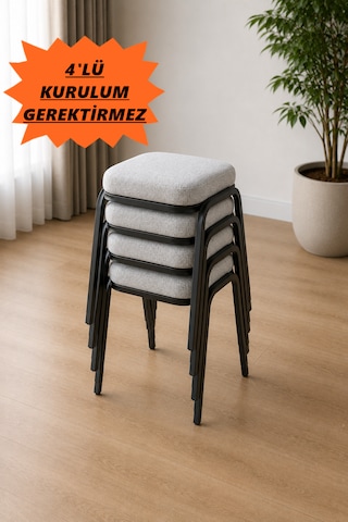 4 Adet Siyah Metal Ayaklı Boyalı Tabure ,sert Süngerli Çökme Yapmaz , 3 Cm Süngerli, Kumaşlı Siyah - 4 Adet