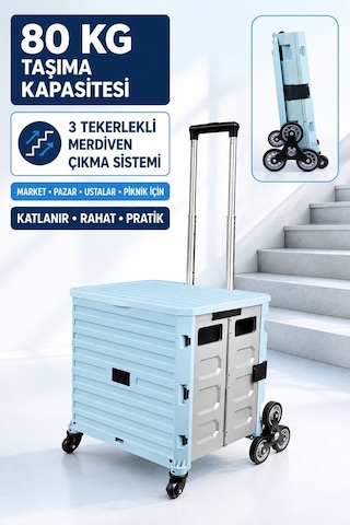 80 Kg Taşıma Kapasiteli Katlanır 3 Tekerlekli Merdiven Çıkan Market Pazar Ve Yük Taşıma Arabası