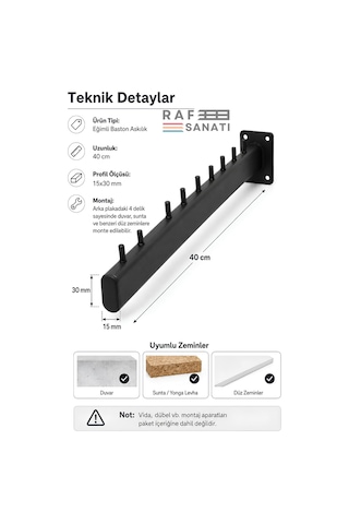 5 Adet - Duvara Monte Eğimli Baston Askılık 40 Cm - Mağaza Butik Elbise Kıyafet Askılığı Siyah