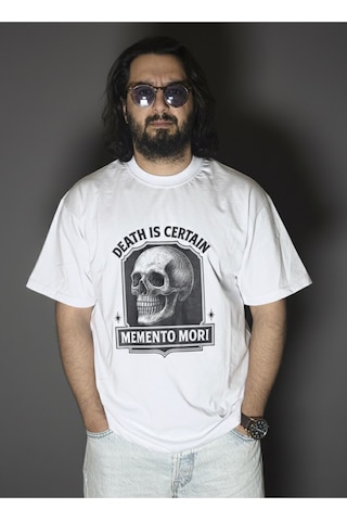 Dark Line Memento Mori Sırt Baskılı %100 Pamuk Unisex Beyaz Oversize T-shirt Beyaz