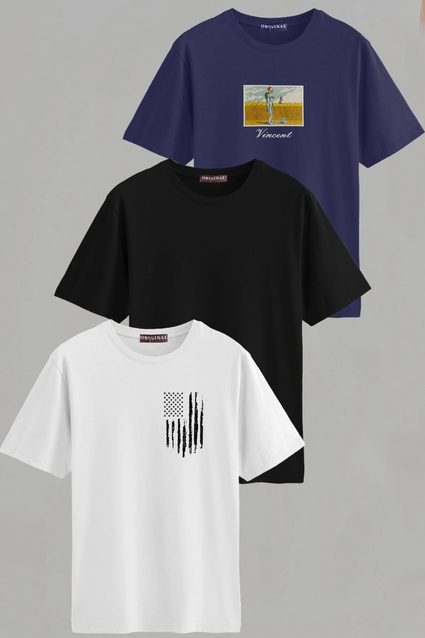 Erkek Desenli-düz Karışık Slim Fit Bisiklet Yaka Pamuk Elastan 3'lü Basic Tişört Vk-erkektişört-desendüz-3lü