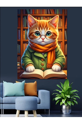 Ahşap Tablo Kitap Okuyan Turuncu Kedi