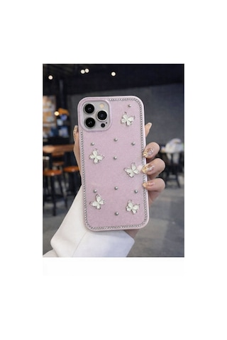 Apple Uyumlu iPhone 15 Pro Kelebek Figürlü Simli İnci Taşlı Lüx Silikon Kılıf Pembe