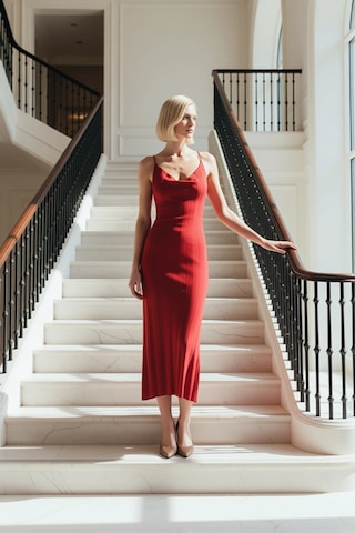 Benerly Kadın Triko Maxi Elbise Kare Yaka Kolsuz Bodycon Kalıp Düz Desen Kırmızı