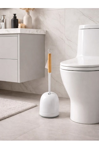 Silikon Başlıklı Ahşap Saplı Otomatik Hazneli Tuvalet Fırçası Modern, Şık Wc Fırçası Ve Standı Vıchy-7045 siyah