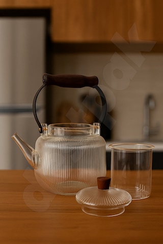 Akasya Kapaklı Ve Üstten Saplı Yuvarlak Cam Demlik - Isıya Dayanıklı - Cam Demlikli - Cam Kapaklı Cam