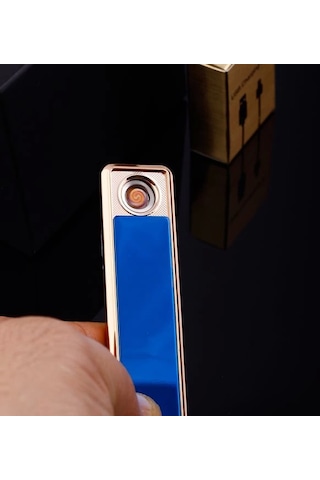 Şık Görünümlü Usb Şarjlı Rezistanslı İnce Slim Metal Çakmak Mavi Lisinya Ahşap