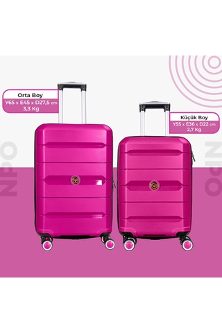Npo Diamond Pp Polipropilen Küçük Ve Orta Boy 2'li Kırılmaz Valiz Seti - Fuşya Pembe