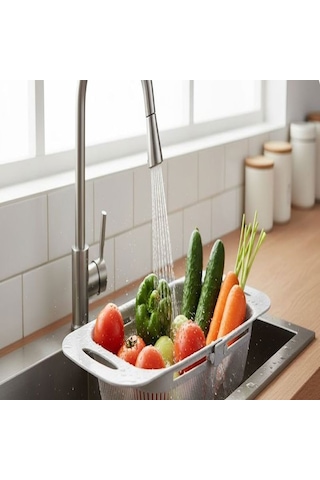Sürgülü Pratik Ayarlanabilir Lavabo Süzgeci, Ayarlı Süzgeç, Meyve Sebze Salata Yıkama Süzgeci Gri Çok Renkli