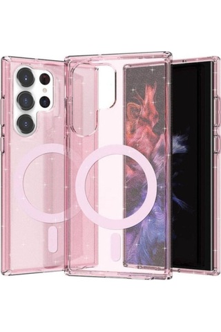 Galaxy S23 Ultra Kılıf M-safe Şarj Özellikli Parlayan Simli Saydam Renkli Zore Allstar Kapak Pembe