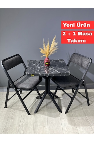 Mercan Siyah Mermer 2 Kişilik Kare Mutfak Yemek Masası Takımı 2+1 Keten Gri 60 Cm Siyahmermer Gri 2'li