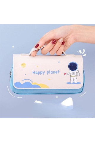 Sevimli Karikatür Desenli İlkokul Öğrencileri İçin Taşınabilir Kırtasiye Çantası, Yaratıcı Uzay Temalı Kalem Kutusu, Renkli Ve Pratik Okul Malzemeleri Saklama Kutusu MAvi